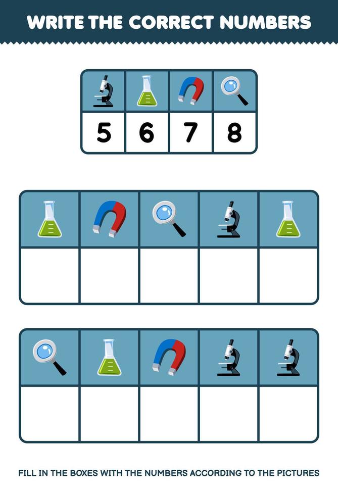 onderwijs spel voor kinderen schrijven de Rechtsaf getallen in de doos volgens naar de schattig microscoop magneet vergrootglas afbeeldingen Aan de tafel afdrukbare gereedschap werkblad vector