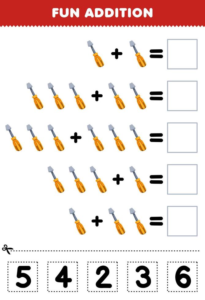 onderwijs spel voor kinderen pret toevoeging door besnoeiing en bij elkaar passen correct aantal voor schattig tekenfilm schroevedraaier afdrukbare gereedschap werkblad vector