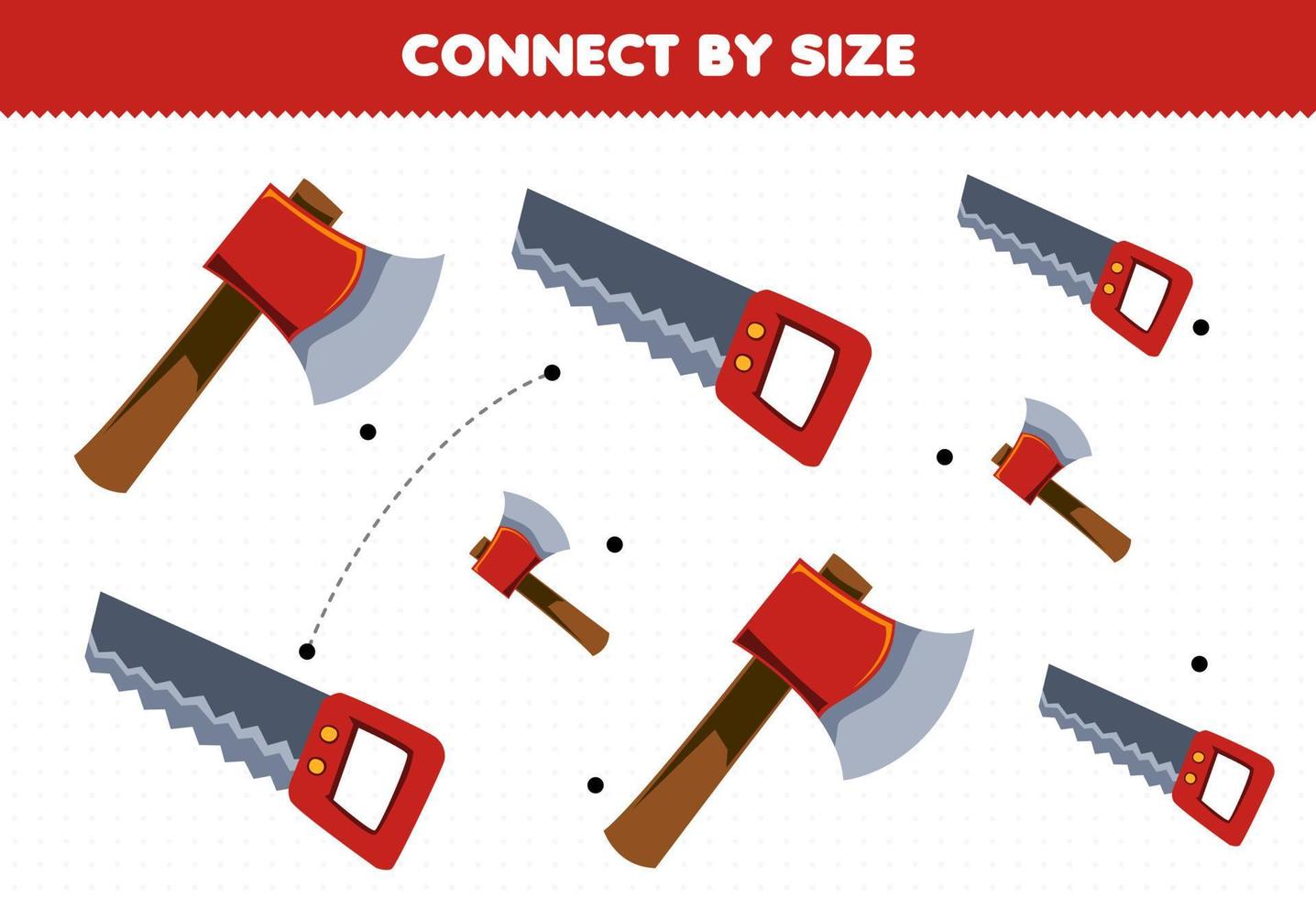 leerzaam spel voor kinderen aansluiten door de grootte van schattig tekenfilm zag en bijl afdrukbare gereedschap werkblad vector