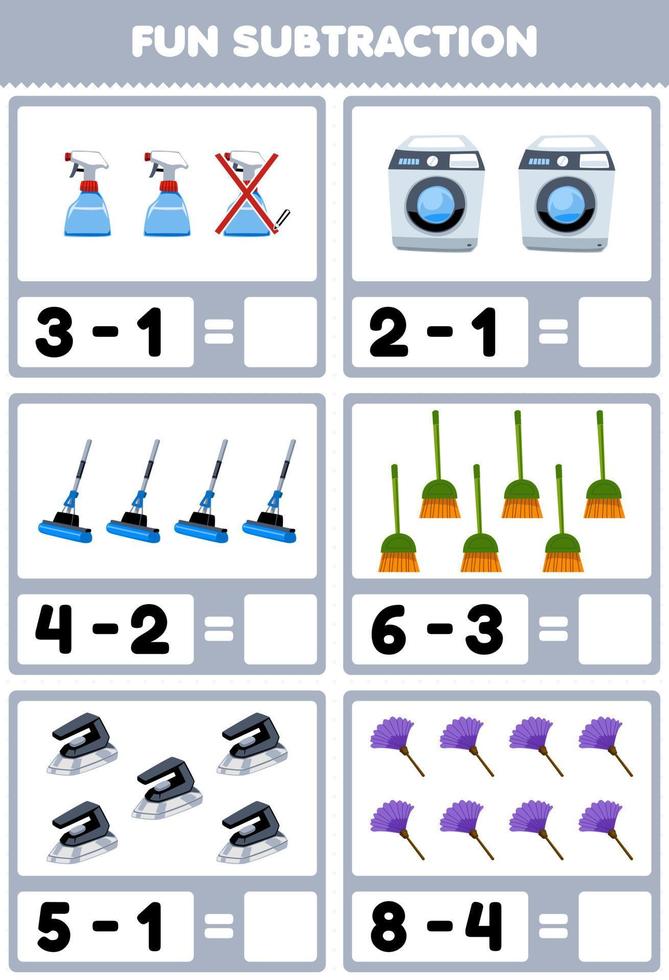 onderwijs spel voor kinderen pret aftrekken door tellen en elimineren schattig tekenfilm sproeier het wassen machine dweilen bezem ijzer stofdoek afdrukbare gereedschap werkblad vector