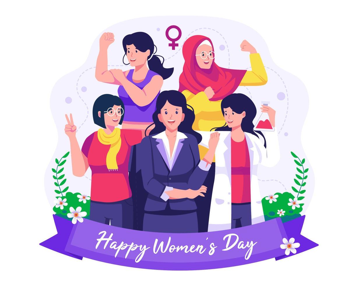 Internationale vrouwen dag. groep van gelukkig glimlachen Dames van verschillend etniciteit en multinational diversiteit. vector illustratie in vlak stijl