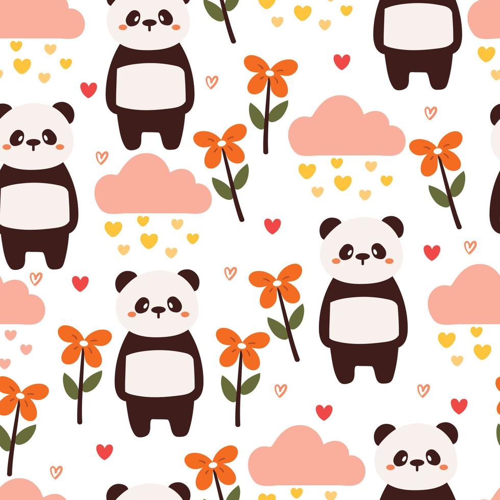 naadloos patroon tekenfilm panda, wolken en bloem. schattig dier behang voor textiel, geschenk inpakken papier vector