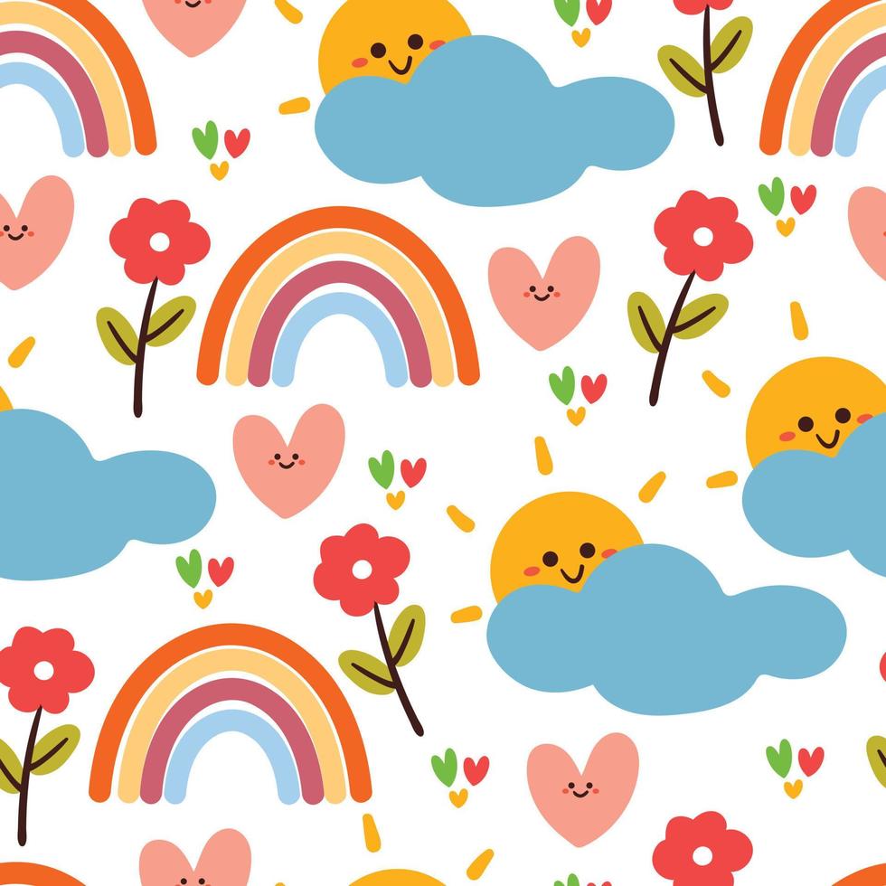 naadloos patroon tekenfilm wolken, zon, regenboog en bloem. schattig behang voor textiel, geschenk inpakken papier vector