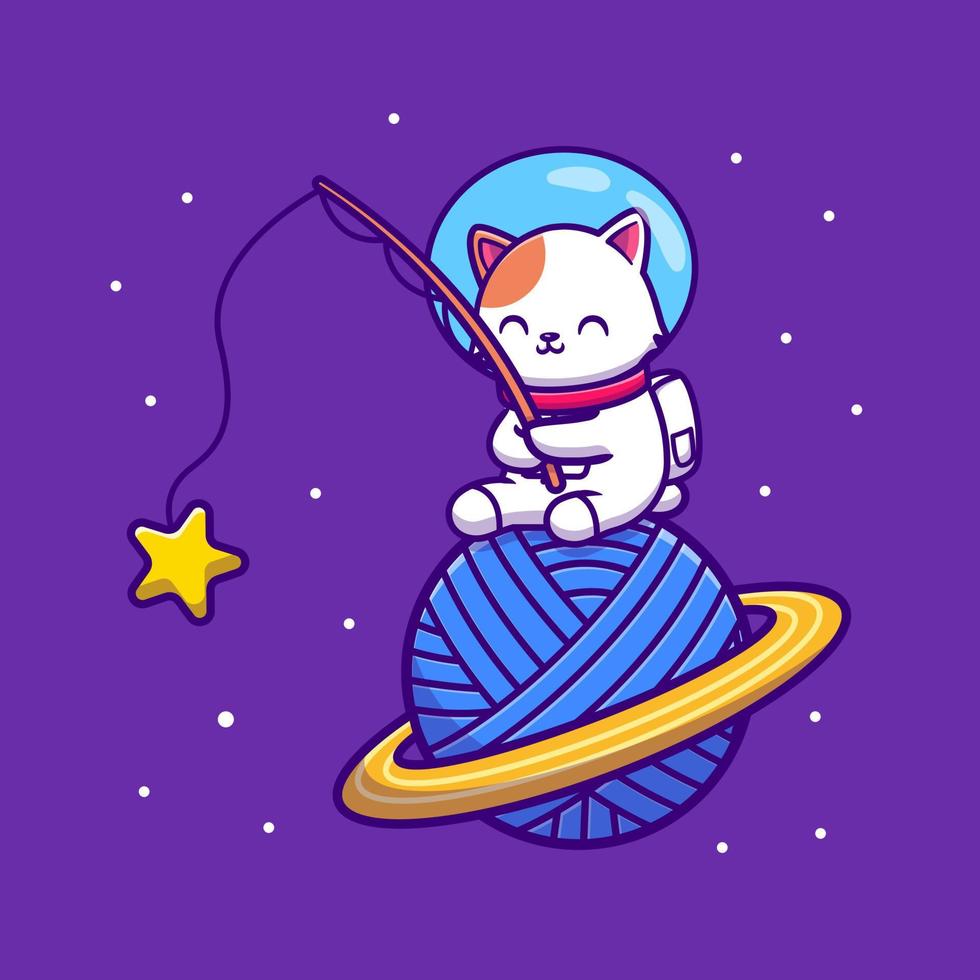 schattig astronaut kat visvangst ster Aan garen wol planeet tekenfilm vector icoon illustratie dier wetenschap icoon concept geïsoleerd premie vector. vlak tekenfilm stijl