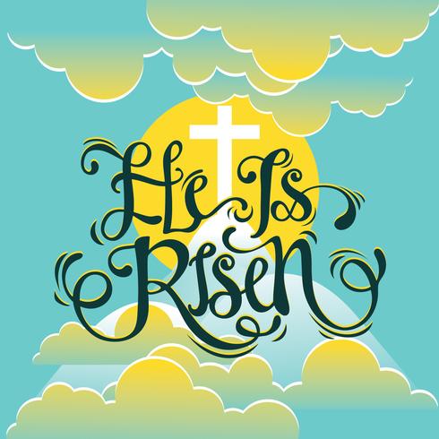 Hij is Risen Hand getekend Typograpy Style met prachtige Sunrise achtergrond vector