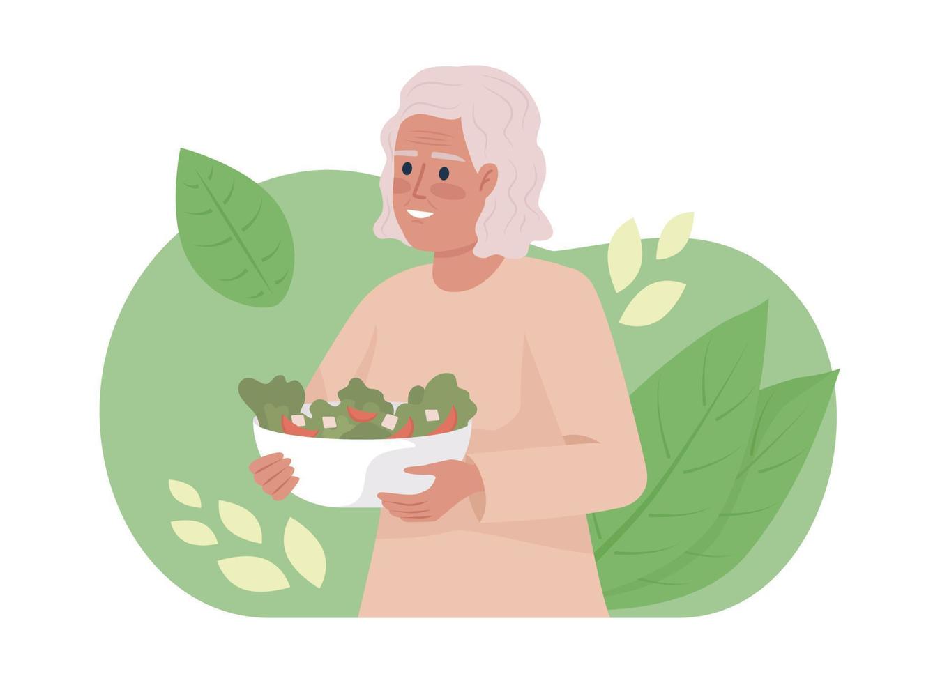 gezond voedzaam ontbijt voor senioren 2d vector geïsoleerd illustratie. ouderen vrouw met salade kom vlak karakter Aan tekenfilm achtergrond. kleurrijk bewerkbare tafereel voor mobiel, website, presentatie