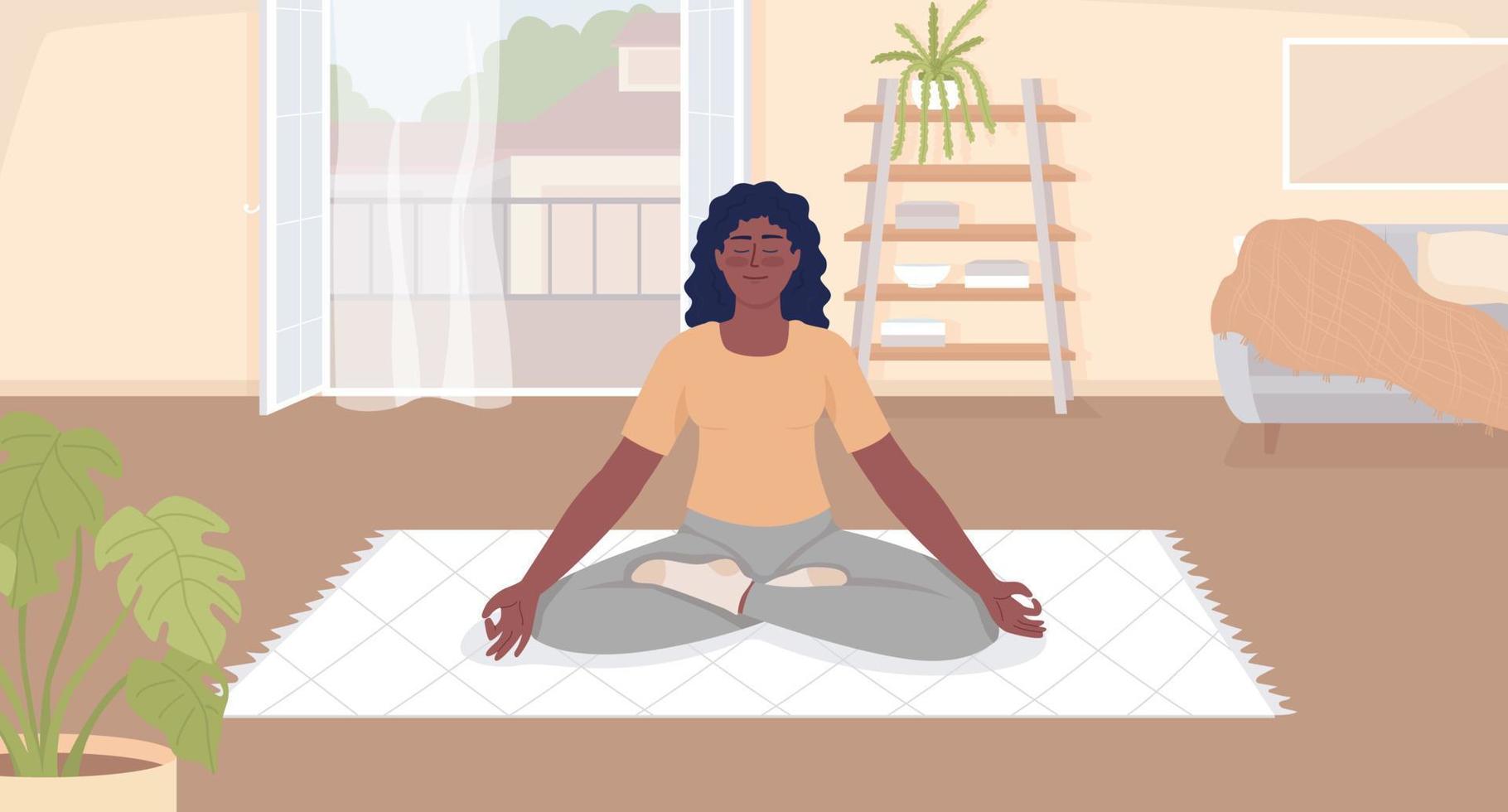 geestelijk opmerkzaamheid meditatie vlak kleur vector illustratie. jong vrouw met Gesloten ogen Aan Gooi tapijt. ten volle bewerkbare 2d gemakkelijk tekenfilm karakter met knus leven kamer interieur Aan achtergrond