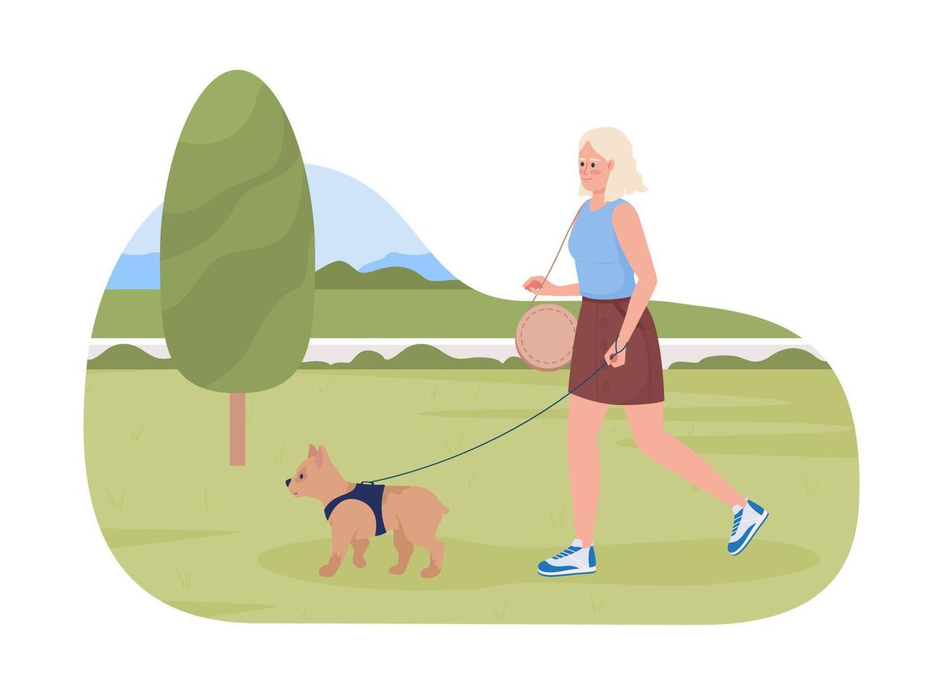 gaan voor wandelen met huisdier 2d vector geïsoleerd illustratie. mooi jong vrouw wandelen met klein hond vlak karakter Aan tekenfilm achtergrond. kleurrijk bewerkbare tafereel voor mobiel, website, presentatie