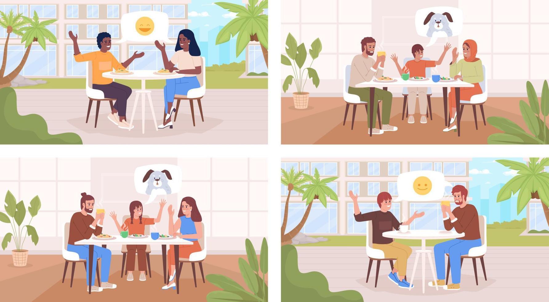 ouders tieners bonding vlak kleur vector illustratie set. gezond relaties met tieners. ten volle bewerkbare 2d gemakkelijk tekenfilm tekens verzameling met dining kamer, cafe terras Aan achtergrond