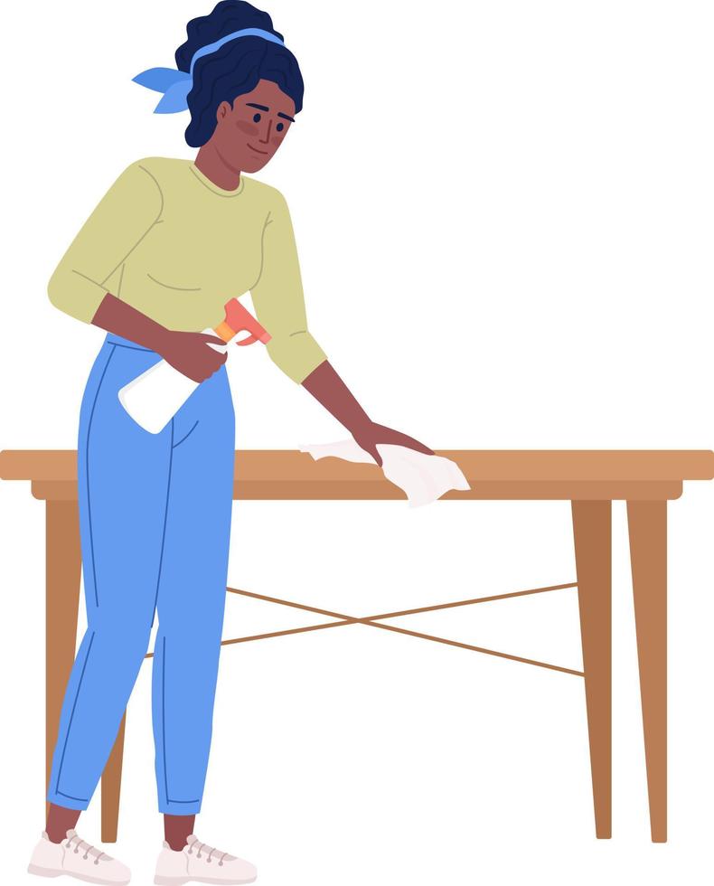 verheugd volwassen dame afvegen tafel met kleding semi vlak kleur vector karakter. bewerkbare figuur. vol lichaam persoon Aan wit. gemakkelijk tekenfilm stijl illustratie voor web grafisch ontwerp en animatie