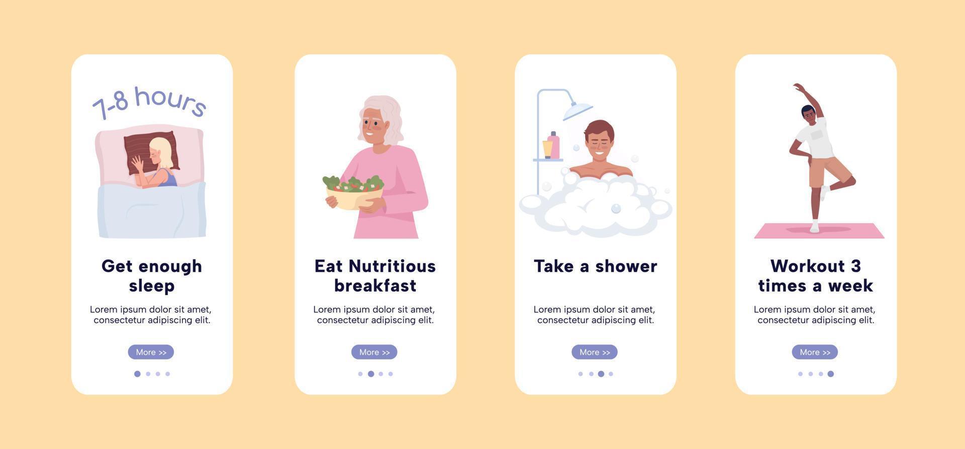 effectief ochtend- routine- onboarding mobiel app scherm vlak sjabloon. walkthrough website 4 stappen met karakters. bewerkbare gewoonten ux, ui, gui smartphone tekenfilm interfaces vector