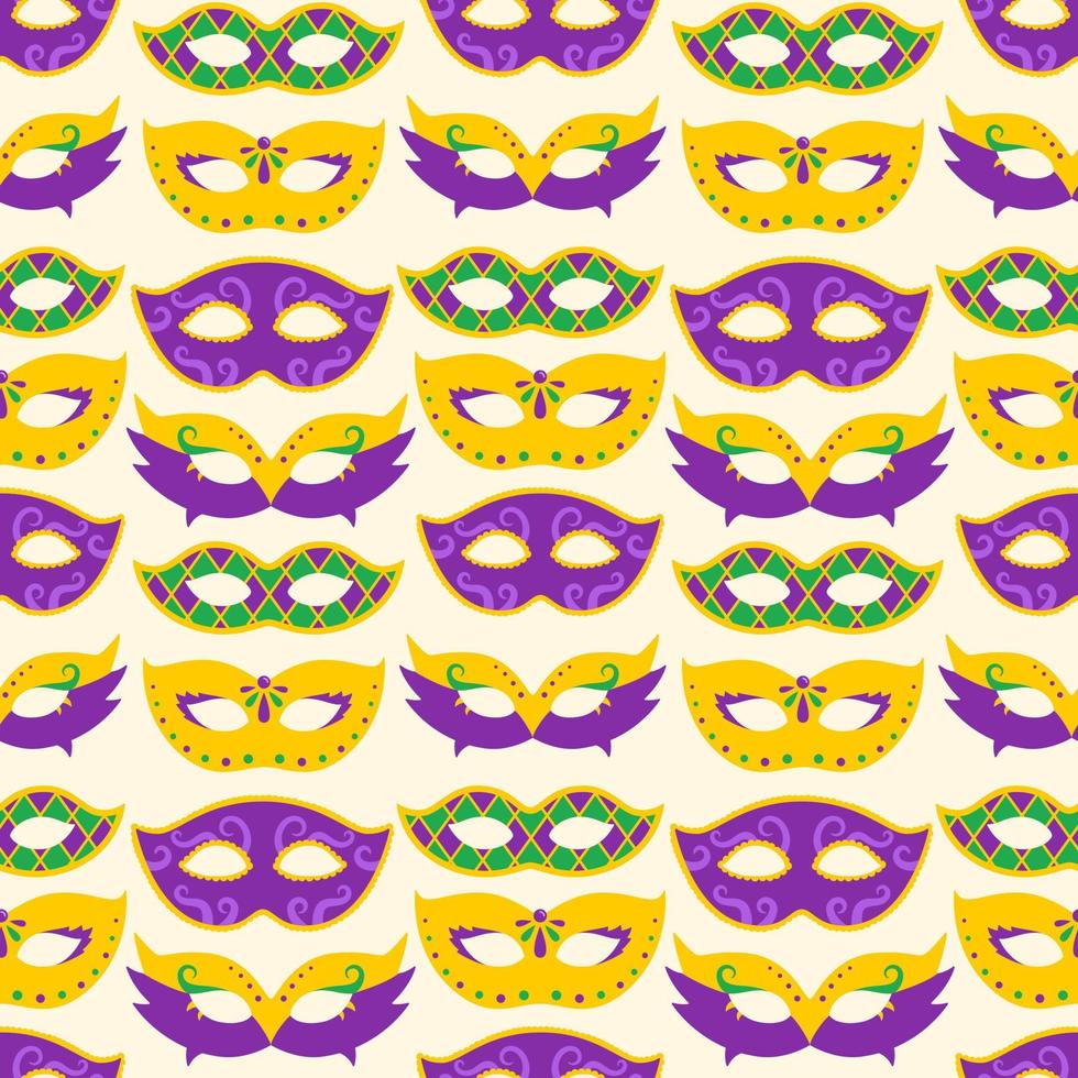 vector mardi gras naadloos patroon met carnaval maskers. mardi gras maskers Aan geel achtergrond. ontwerp voor dik dinsdag carnaval en festival. kleurrijk patroon.