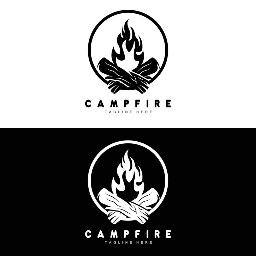 kampvuur logo ontwerp, camping vector, hout brand en Woud ontwerp vector