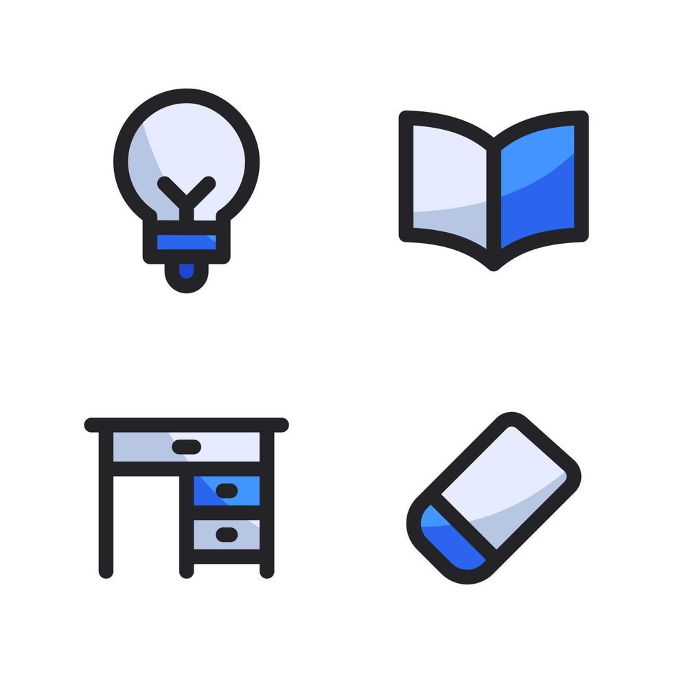 terug naar school- pictogrammen set. lamp, Open boek, bureau, gom. perfect voor website mobiel app, app pictogrammen, presentatie, illustratie en ieder andere projecten vector
