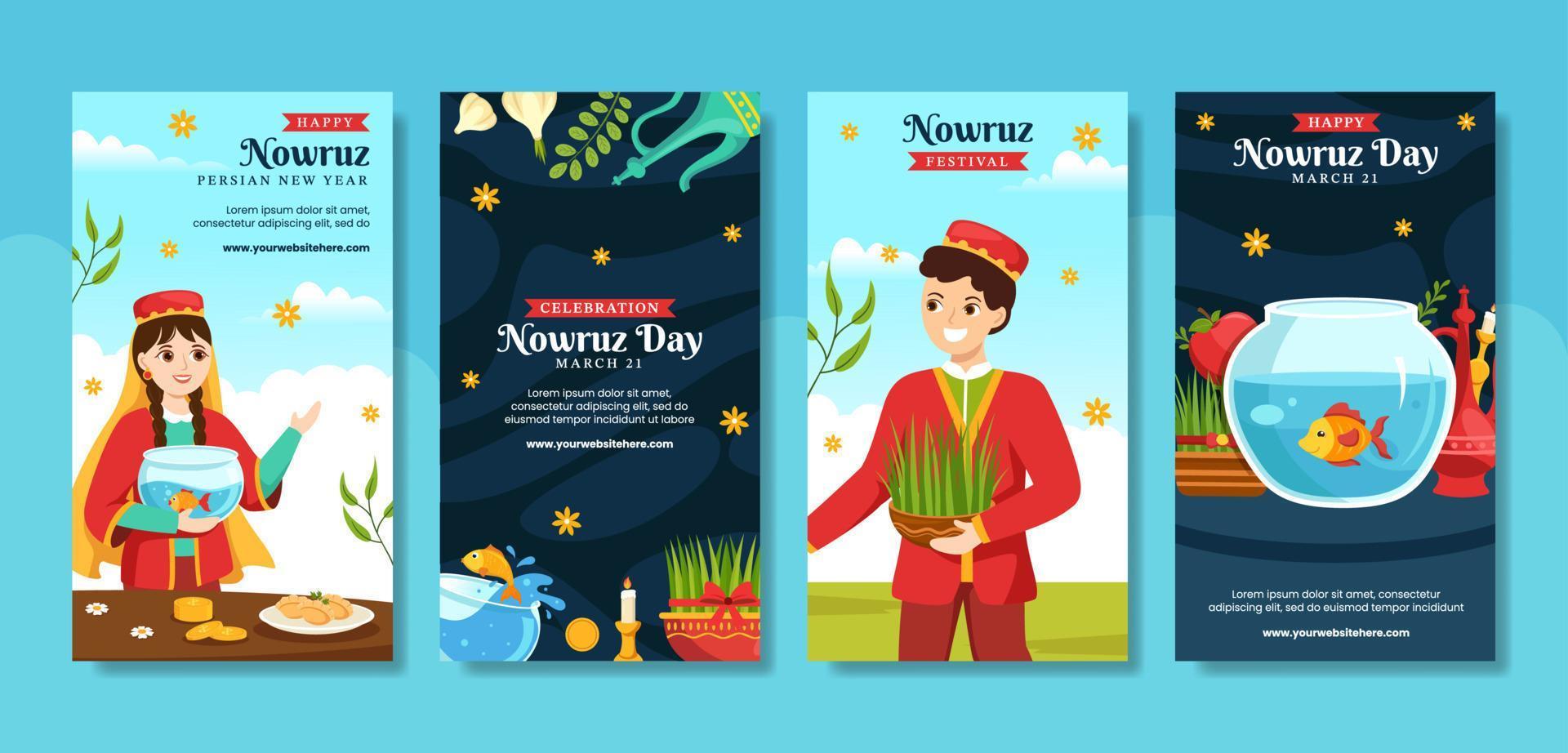 gelukkig Nowruz dag sociaal media verhalen vlak tekenfilm hand- getrokken Sjablonen achtergrond illustratie vector