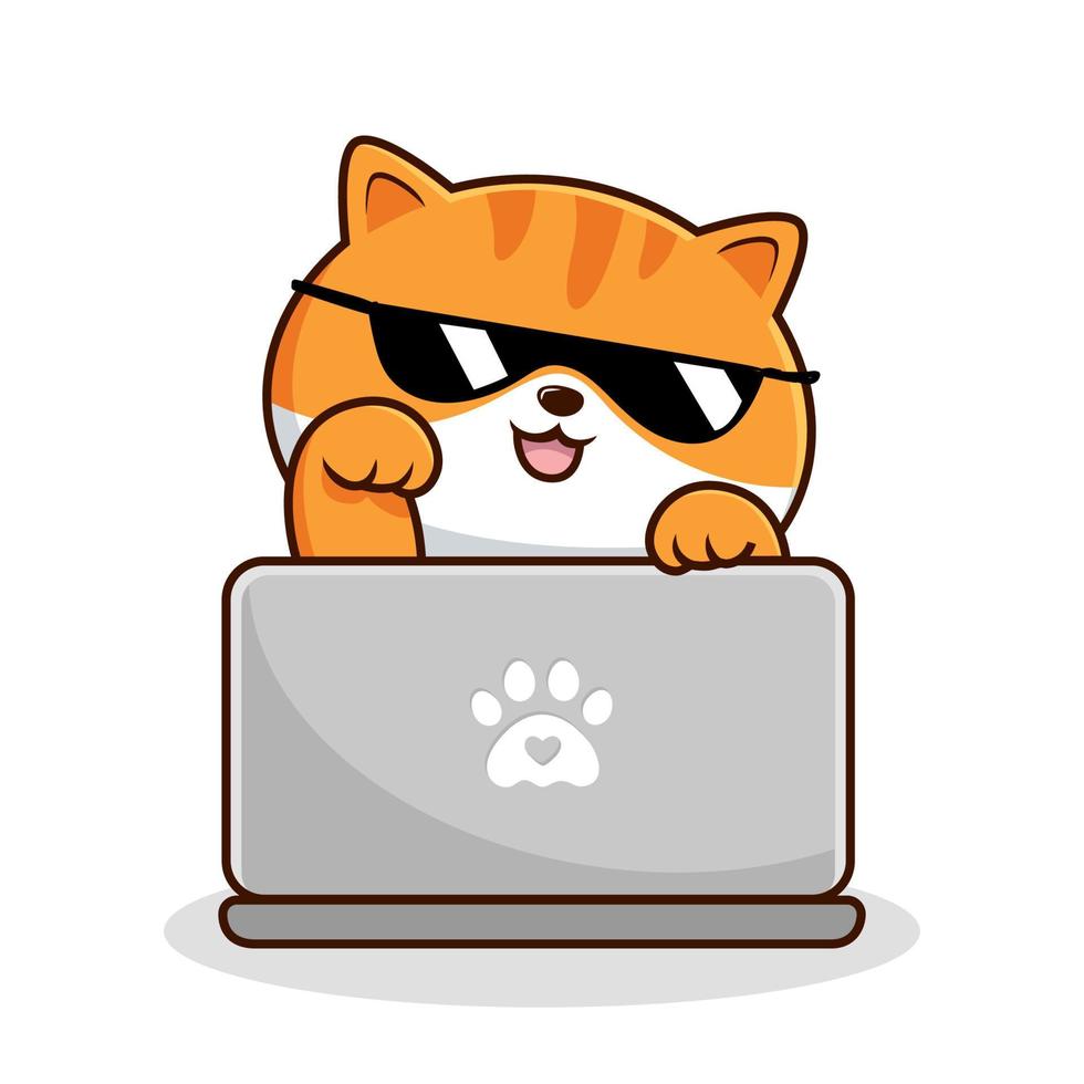 gestreept kat spelen laptop - wit oranje katten - schattig gestreept kat Speel laptop koel zonnebril vector