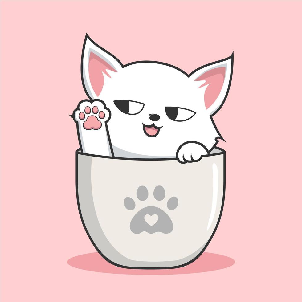 kat in mok illustratie met zonnebril - schattig wit kutje kat in cups mok vector