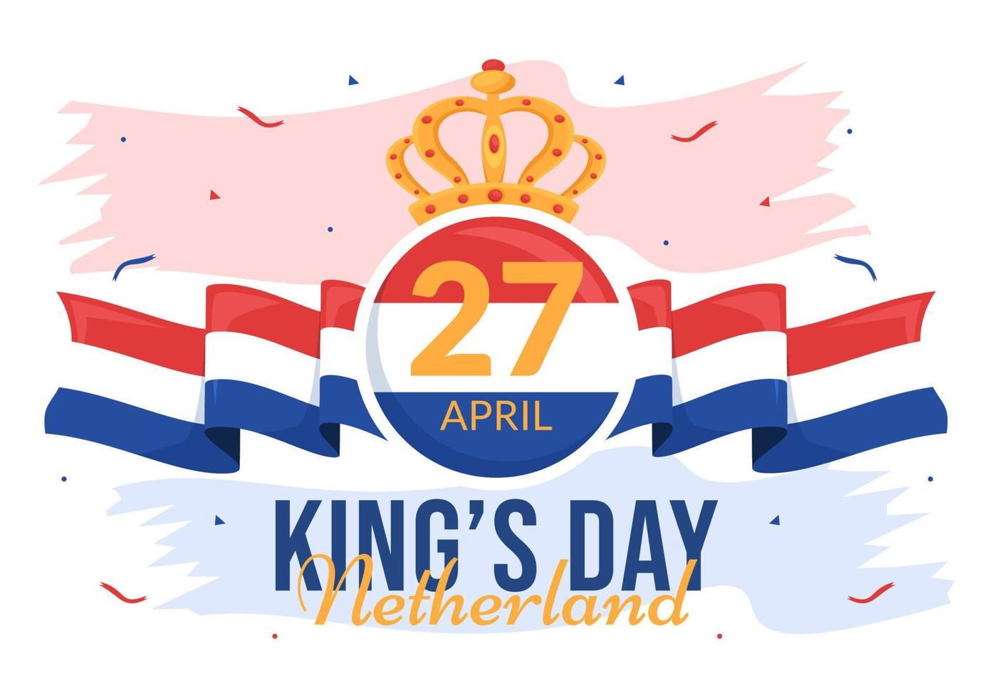 gelukkig koningen Nederland dag illustratie met golvend vlaggen en koning viering voor web banier of landen bladzijde in vlak tekenfilm hand- getrokken Sjablonen vector