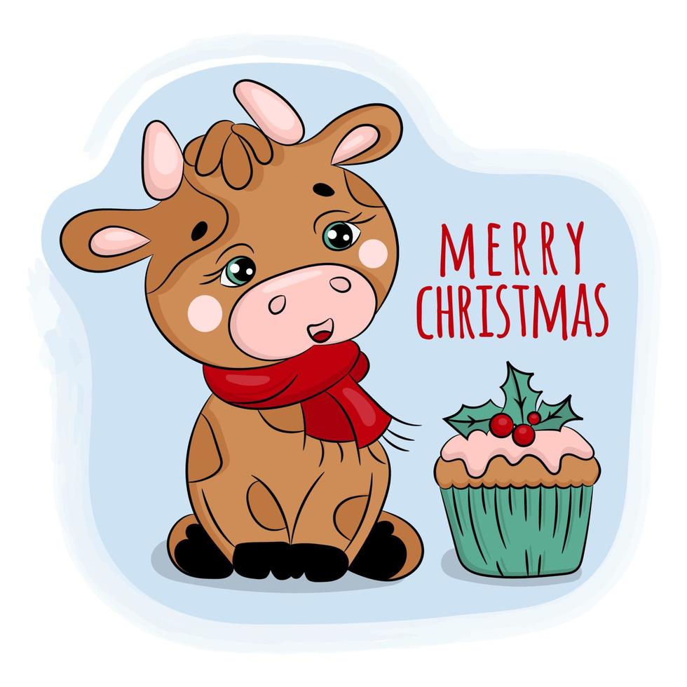 Kerstmis stier en taart Aan blauw achtergrond vector illustratie