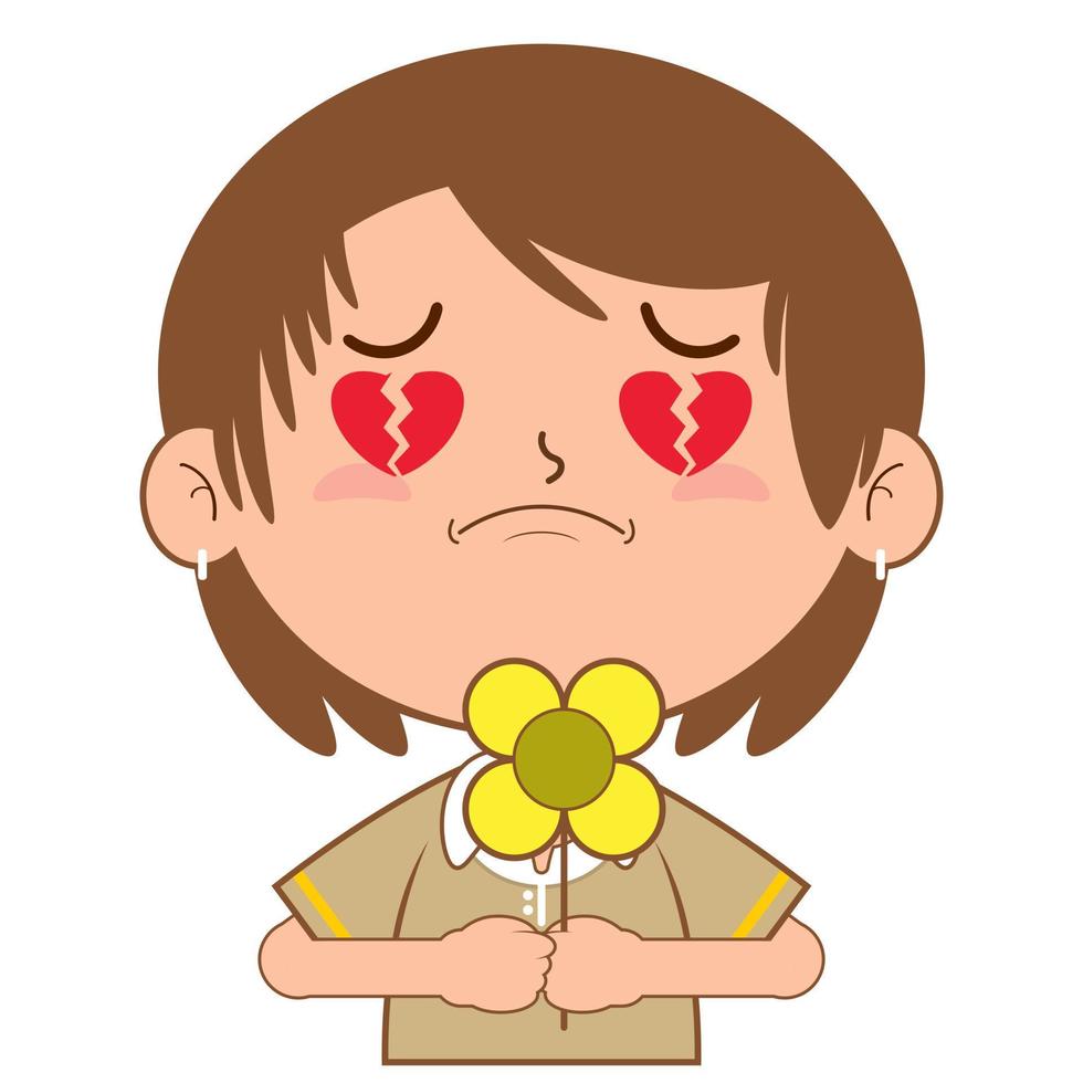 meisje Holding bloem gebroken liefde gezicht tekenfilm schattig vector