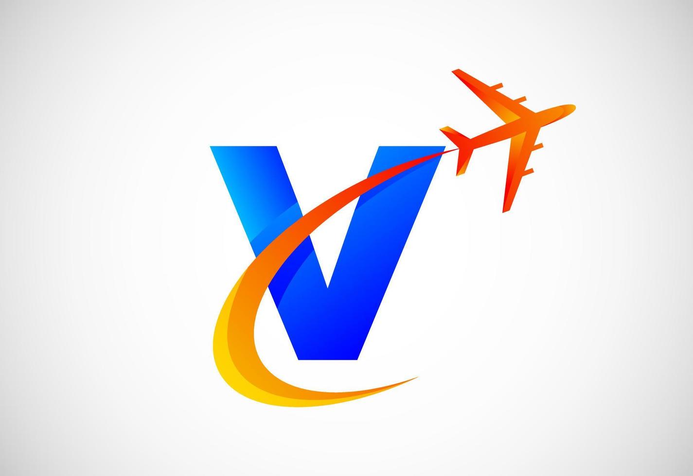 eerste v alfabet met een swoosh en vliegtuig logo ontwerp. geschikt voor reizen bedrijven of bedrijf vector