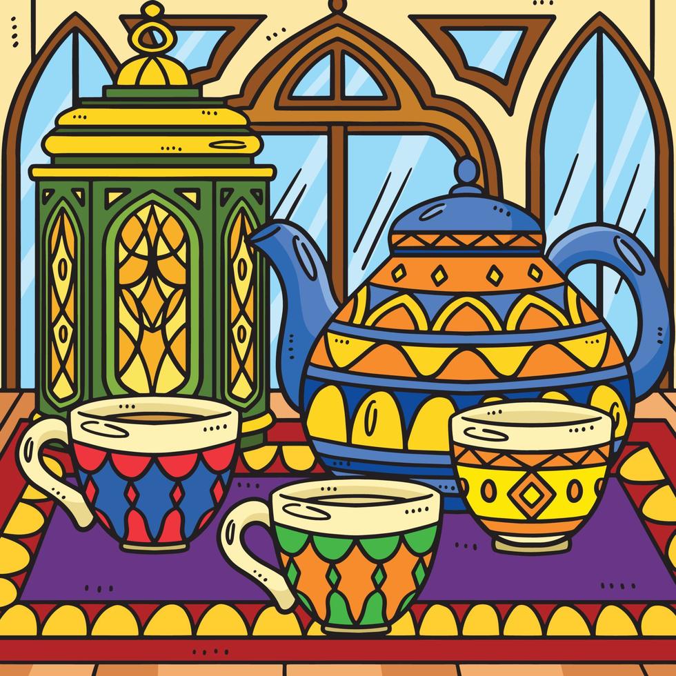 Ramadan lantaarn en thee reeks gekleurde tekenfilm vector