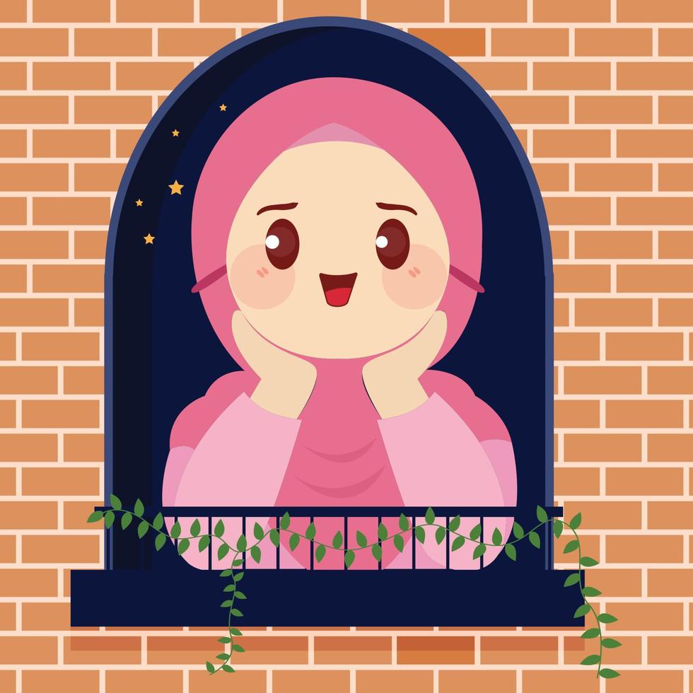 schattig moslim tekenfilm in voorkant van de venster is genieten van de nacht van Ramadan met een mooi en koel atmosfeer vlak vector illustratie