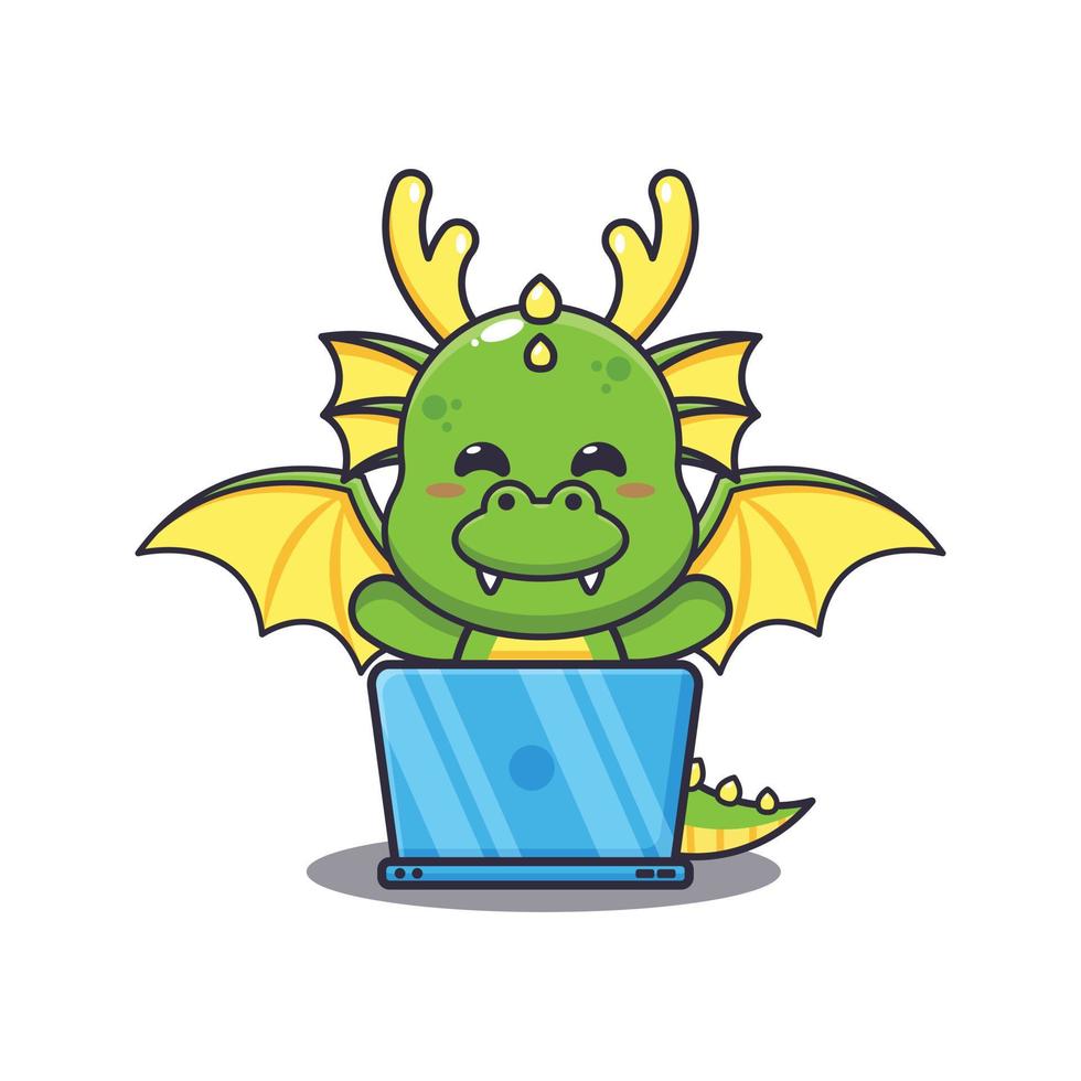 schattig draak met laptop tekenfilm vector illustratie. vector tekenfilm illustratie geschikt voor poster, brochure, web, mascotte, sticker, logo en icoon.