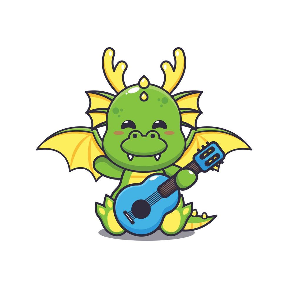 schattig draak spelen gitaar tekenfilm vector illustratie. vector tekenfilm illustratie geschikt voor poster, brochure, web, mascotte, sticker, logo en icoon.