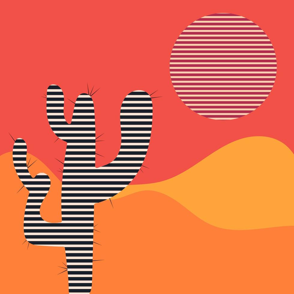 vlak abstract icoon, sticker, knop met woestijn, zon, cactus met psychedelisch lijn effect vector