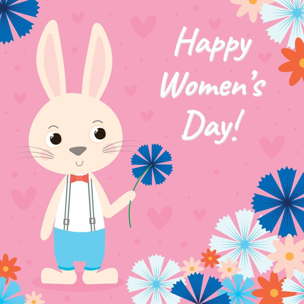 kaart voor 8 maart met schattig konijn vervelend pak met bloemen en tekst gelukkig vrouwen dag vector