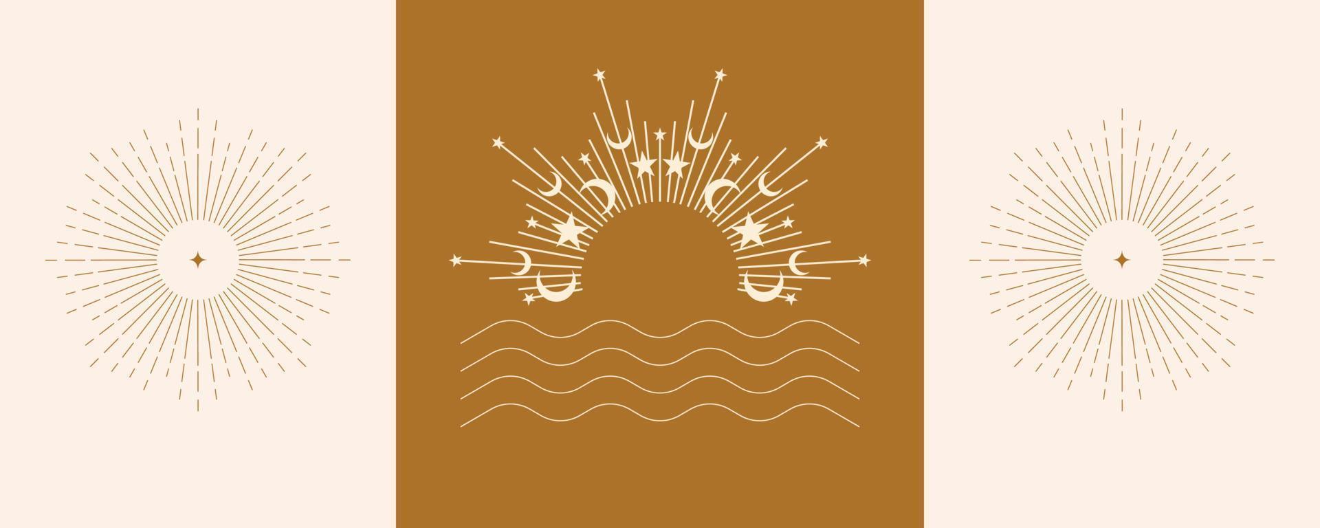 zon en golven vector set. elegant zonsondergang zonsopkomst en zee logo ontwerp lijn icoon vector in luxe stijl schets lineair. premie boetiek, sieraden, bruiloft salon embleem logo ontwerp set.