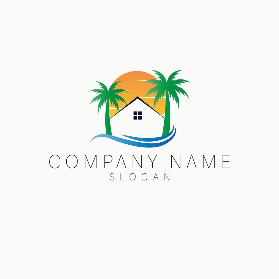 huis, palmen en zon logo vector illustratie. luxe vakantie logo. zomer reizen logo sjabloon.