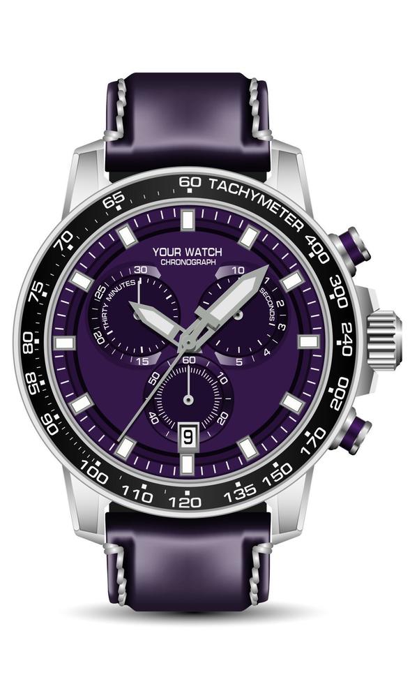 realistisch zilver zwart kijk maar chronograaf Purper gezicht leer band Aan wit achtergrondontwerp voor mannen mode vector