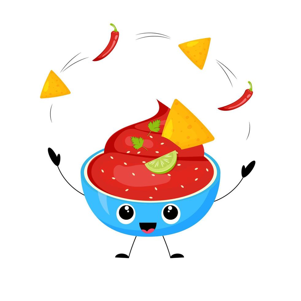 schattig kawaii salsa saus jongleren nacho's en Chili peper. tekenfilm stijl vector illustratie.