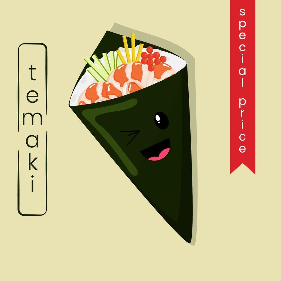 schattig kawaii temaki sushi banier, poster, sociaal media post sjabloon. vector