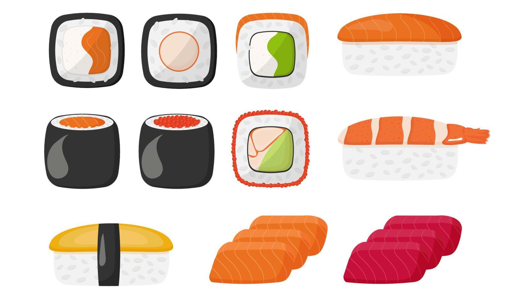 Aziatisch voedsel set. sushi verzameling. vector illustratie.