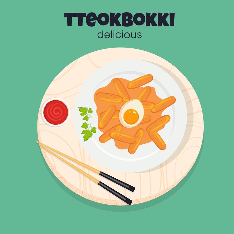 Koreaans keuken traditioneel schotel tteokbokki Aan de hout snijdend bord. rijst- taart. top visie. vector