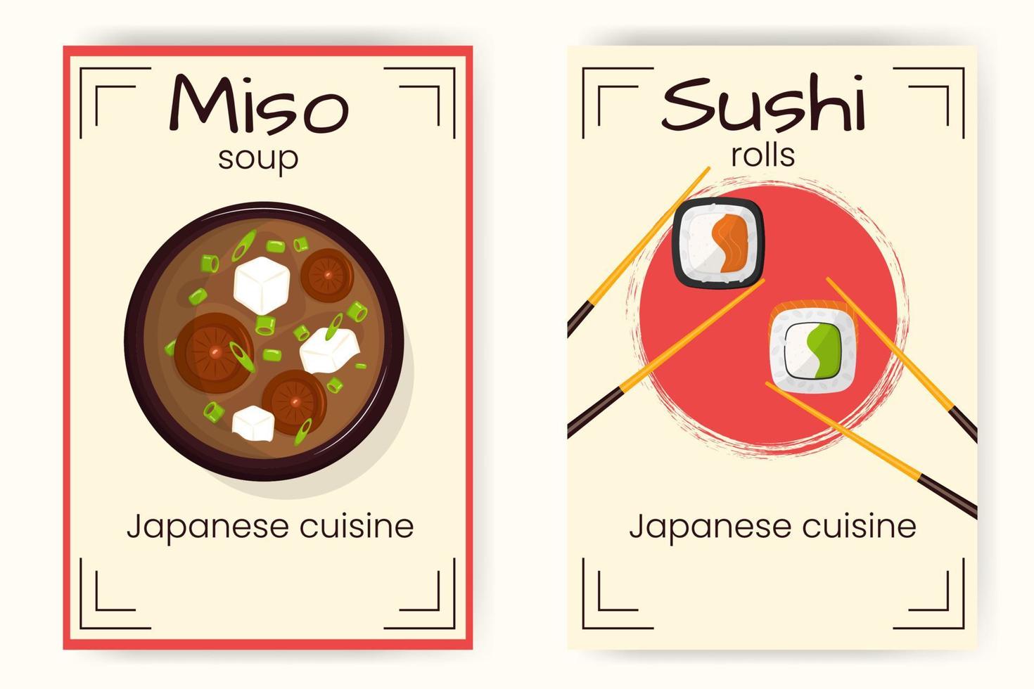 Japans restaurant posters reeks met sushi broodjes en miso soep. vector illustratie.