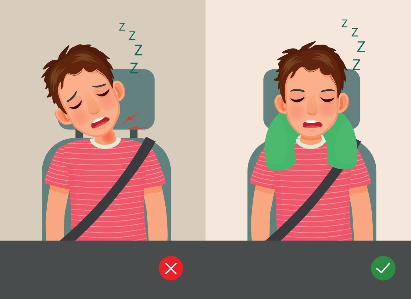 niet correct en correct manier van jong Mens slapen gedurende reizen Aan auto of bus met hoofdkussen Aan nek vector