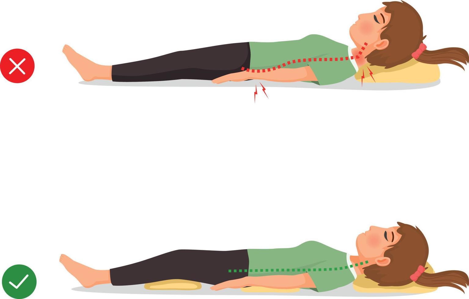 niet correct en correct nek, wervelkolom en knie uitlijning van jong vrouw terug slapen lichaam houdingen vector
