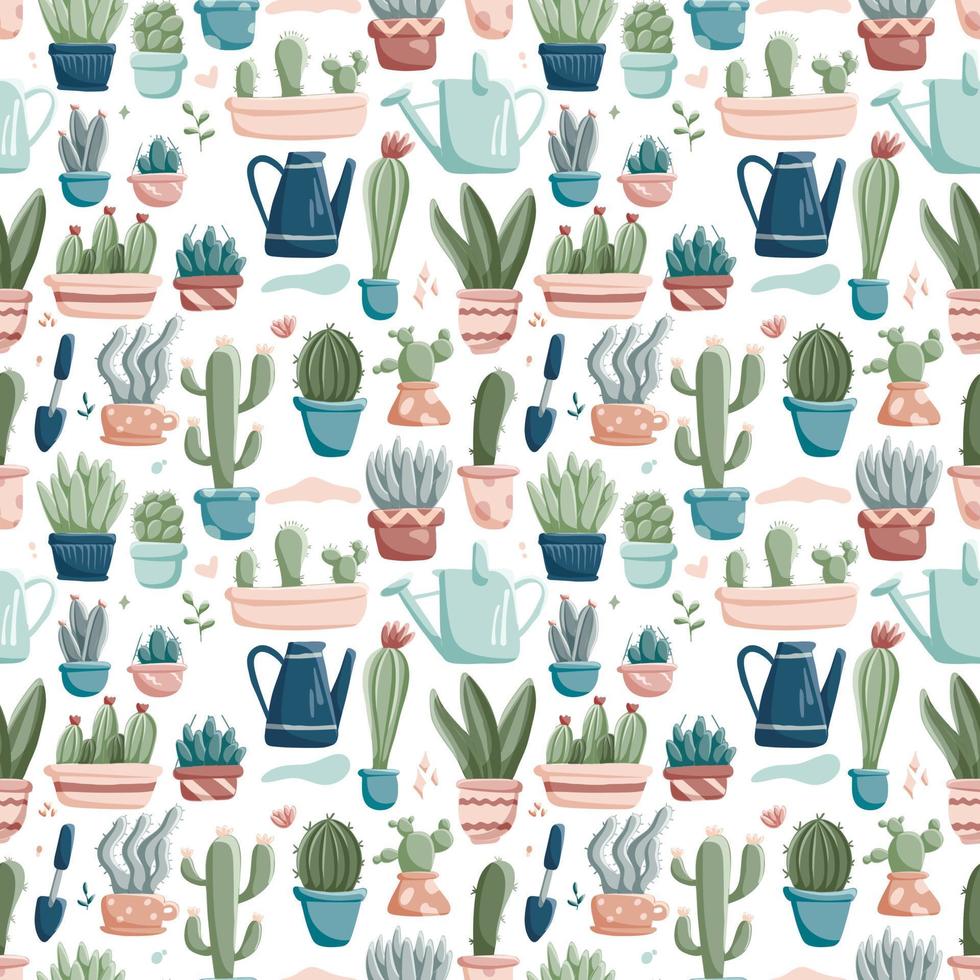 naadloos patroon met vector tekening pictogrammen van huis planten in potten. schattig pastel gekleurde bekleed cactussen en vetplanten in verschillend vormen en maten. stickers Aan de thema van tuinieren en huis comfort.