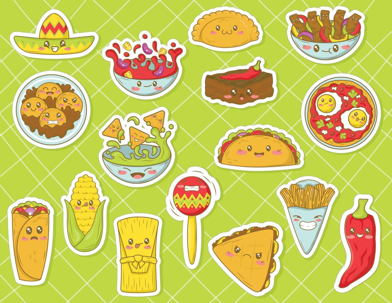 bundel van kawaii stickers met Mexicaans voedsel in tekenfilm tekening stijl vector