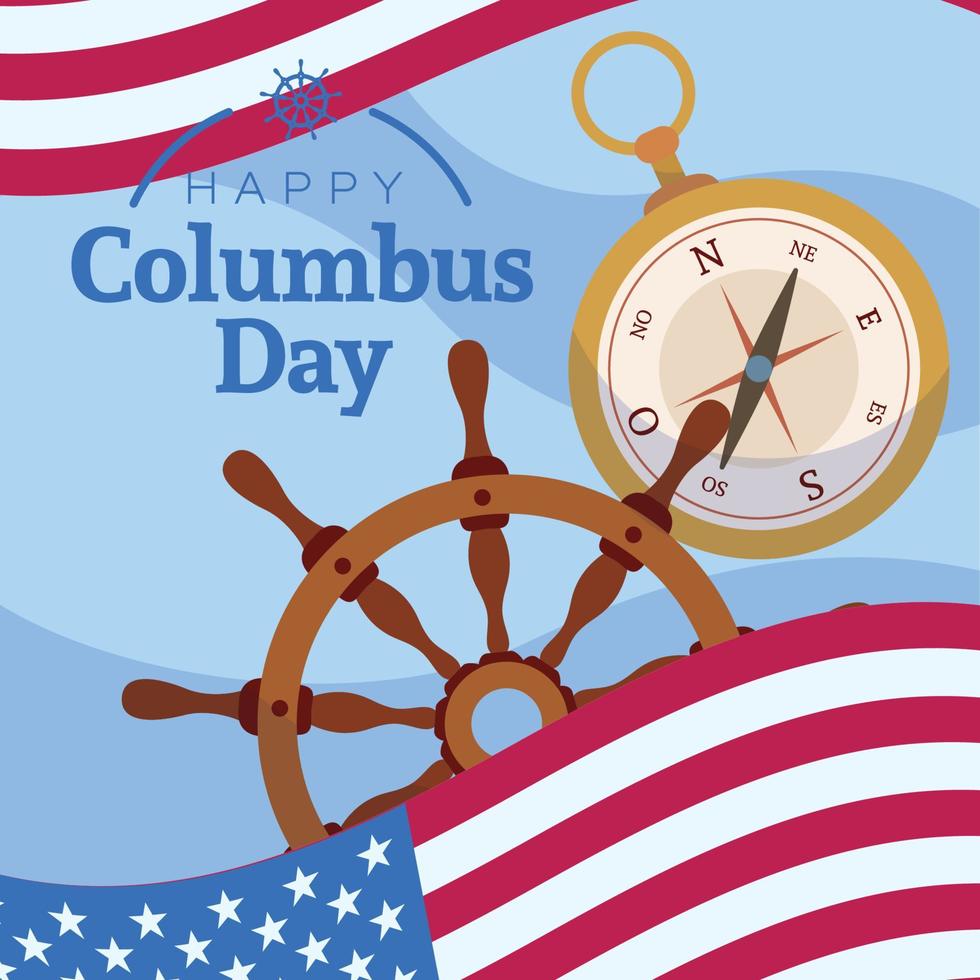houten schip wiel en kompas gekleurde Columbus dag poster vector illustratie