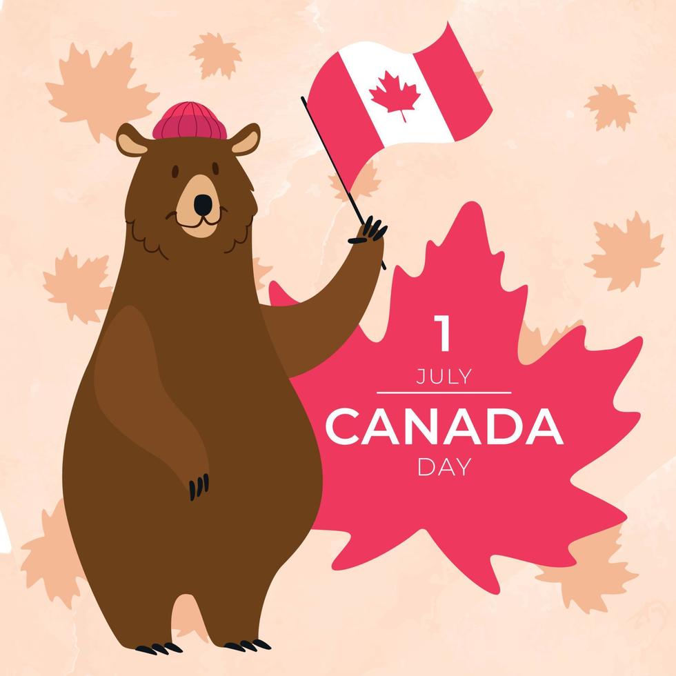 schattig beer dier tekenfilm Holding een vlag van Canada gelukkig Canada dag vector