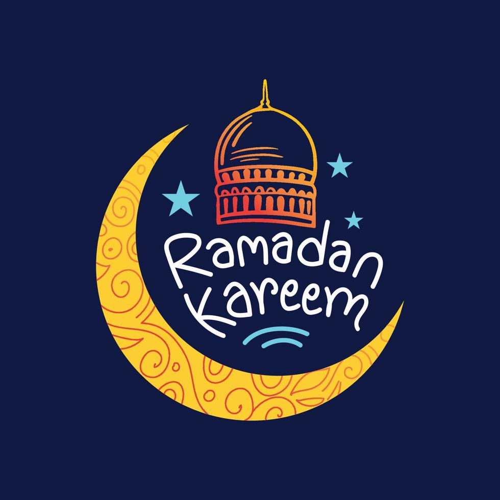 Ramadan kareem vector belettering en schoonschrift illustratie voor Islamitisch vakantie achtergrond, groet kaart, kalender, poster, banier, sociaal media sjabloon. hand- getrokken typografie met maan en moskee.