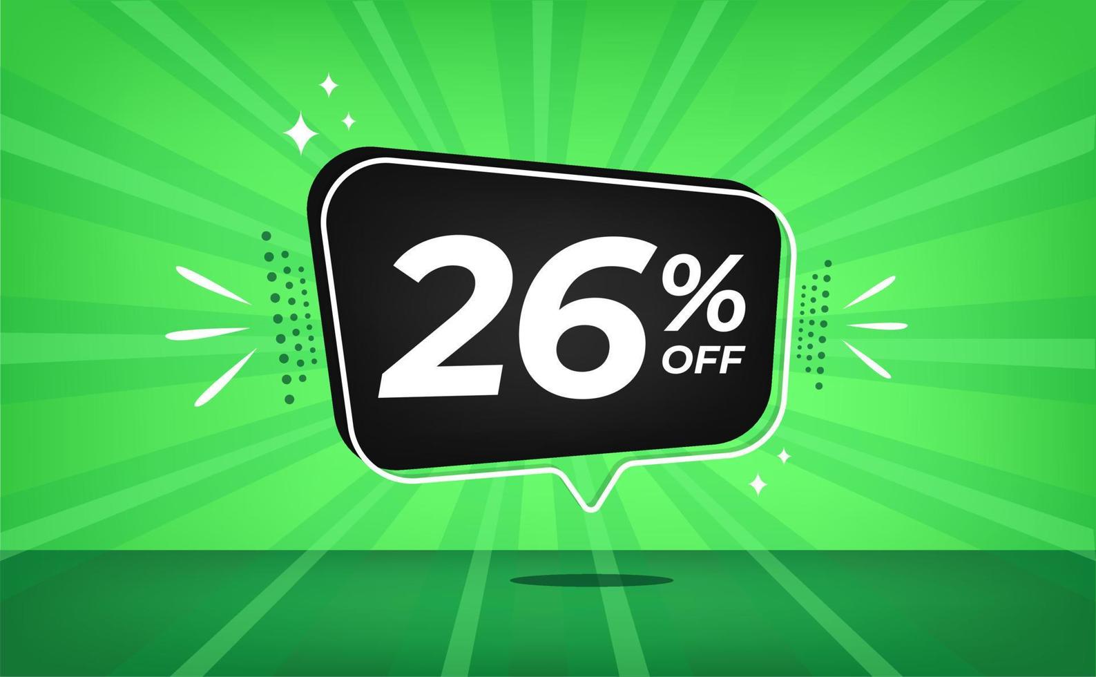 26 procent uit. groen banier met zesentwintig procent korting Aan een zwart ballon voor mega groot verkoop. vector