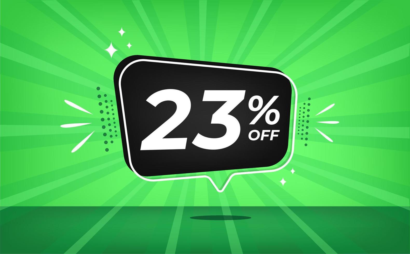 23 procent uit. groen banier met drieëntwintig procent korting Aan een zwart ballon voor mega groot verkoop. vector