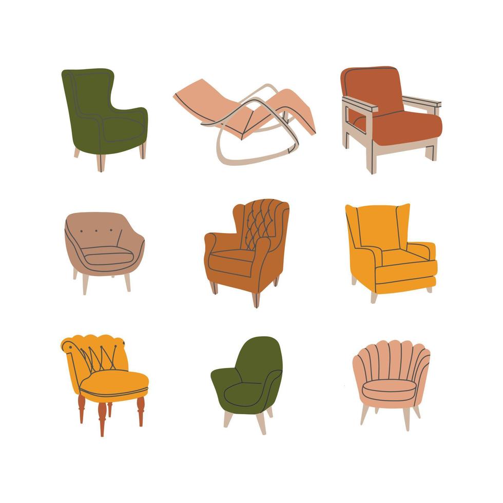 reeks van divers modieus kleurrijk fauteuils. zacht meubilair verzameling voor interieur ontwerp en decoratie. hand- getrokken vector illustratie geïsoleerd Aan wit achtergrond