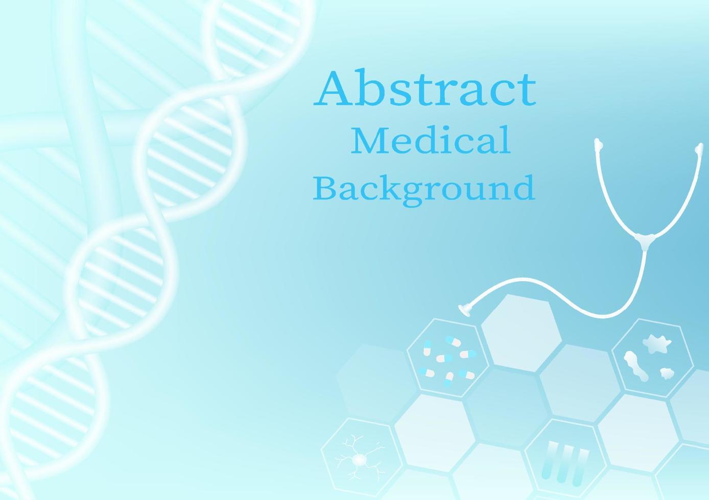 abstract medisch achtergrond. dna copyspace in de midden. zeshoek met capsule, test buis, bacteriën, stethoscoop Aan helder schoon blauw helling achtergrond. vector